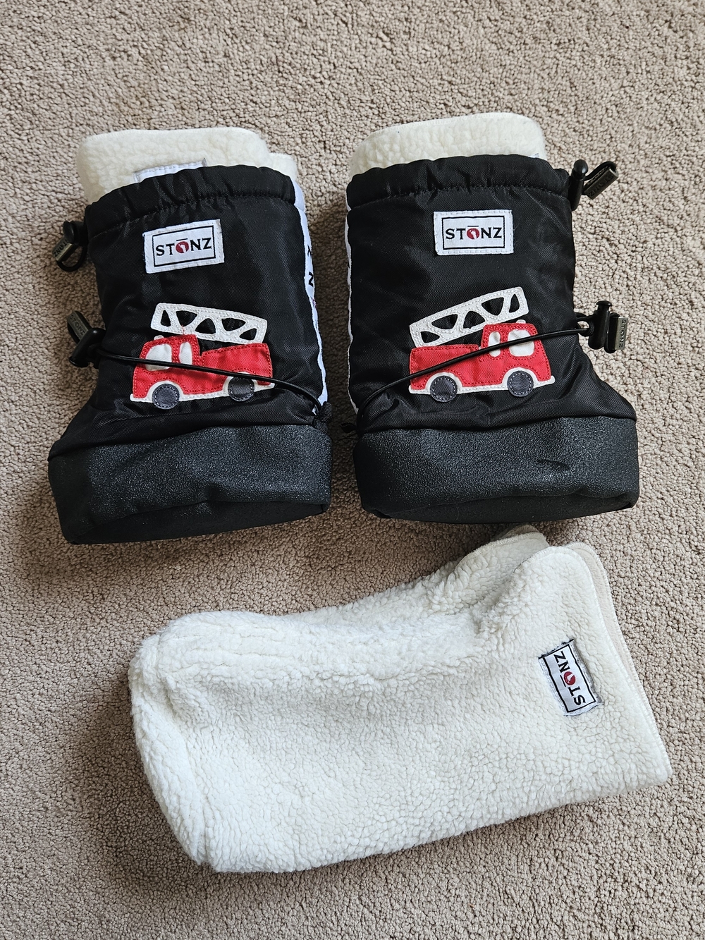Stonz Black and Red Fire Truck Kids Booties with Fleece Liner